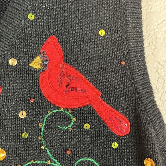 VTG SML Sz S Cardinal Bird Sweater Vest Sequin Embellished 80s Christmas Whimsy - Picture 5 of 9